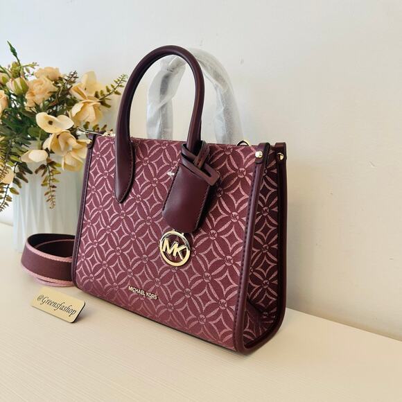 Michael Kors Purse Mirella Small Metallic Logo Jacquard Crossbody Bag Oxblood - Picture 2 of 10